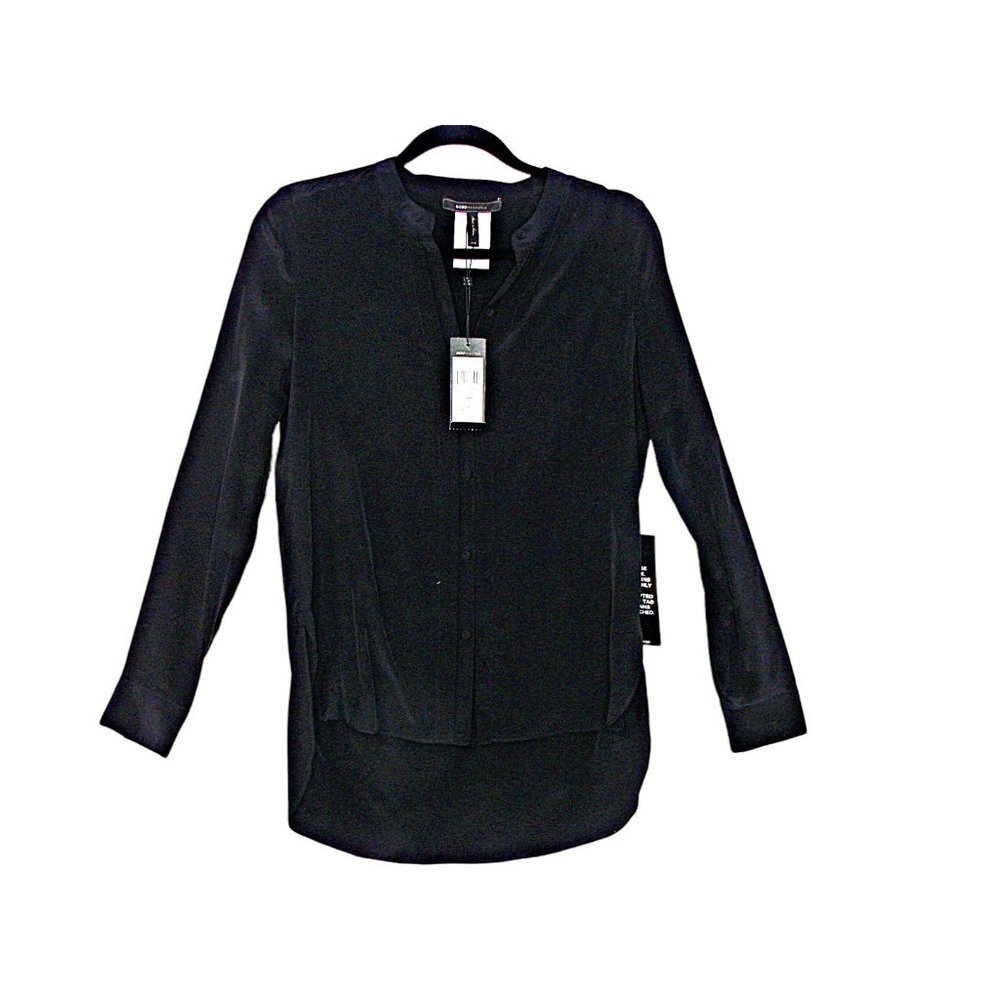 BCBGMaxazria Womens Silk Black Long Sleeve High Low Blouse Shirt Top Sz XXS NWT